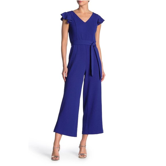 Tahari Pants - TAHARI Cobalt V-Neck Ruffle Sleeve Jumpsuit 8 NEW